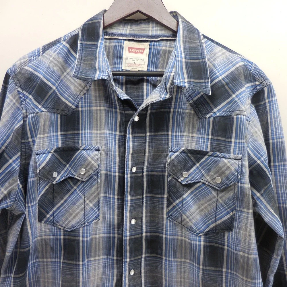 Levis Mens Blue Grey Plaid Modern Western Pearl Snap Long Sleeve Shirt Large